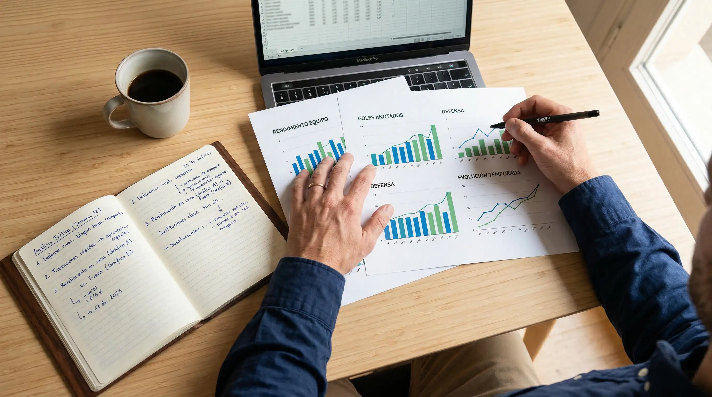 Persona analizando estadísticas de fútbol en una mesa con documentos y gráficos