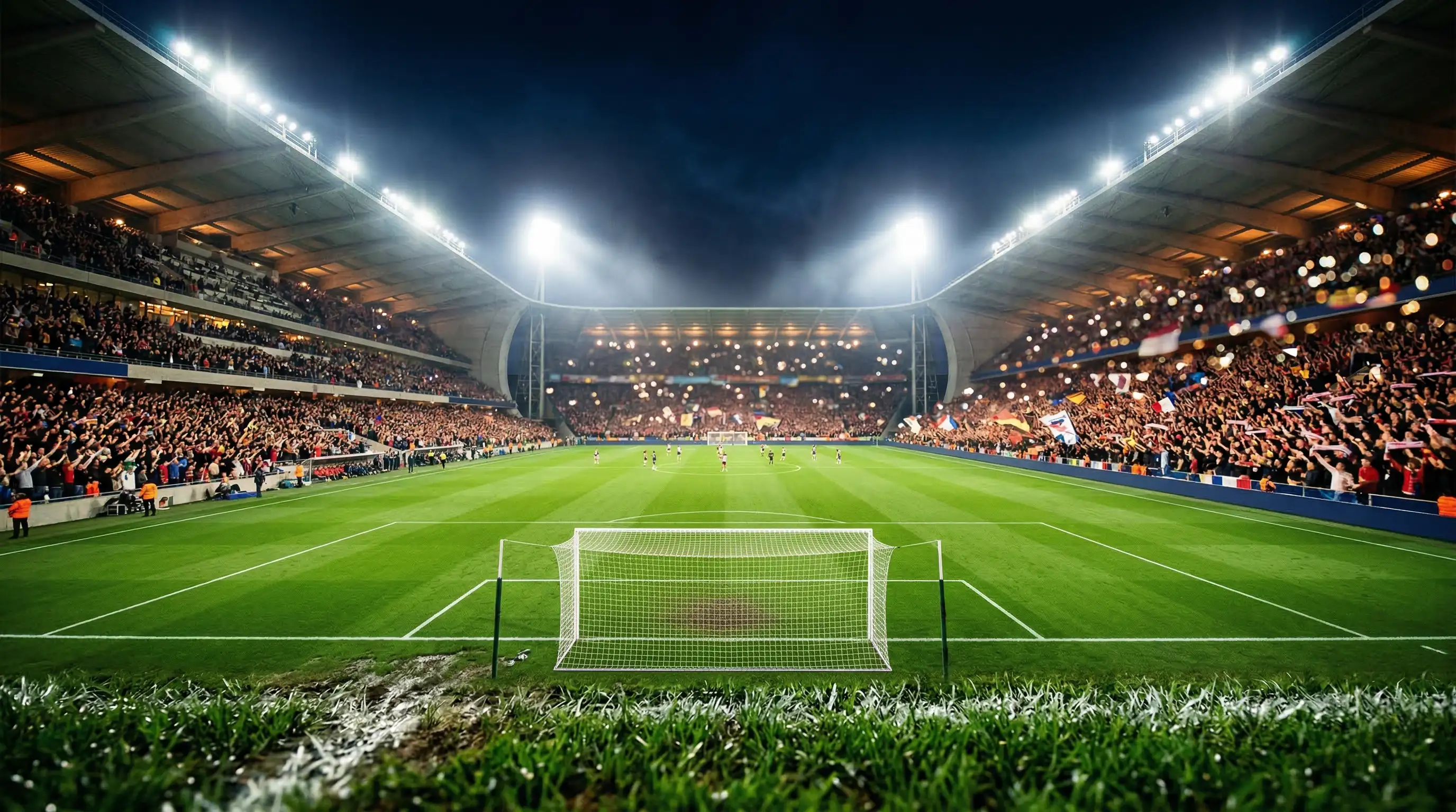 Estadio de fútbol francés iluminado durante un partido nocturno de la Ligue 1